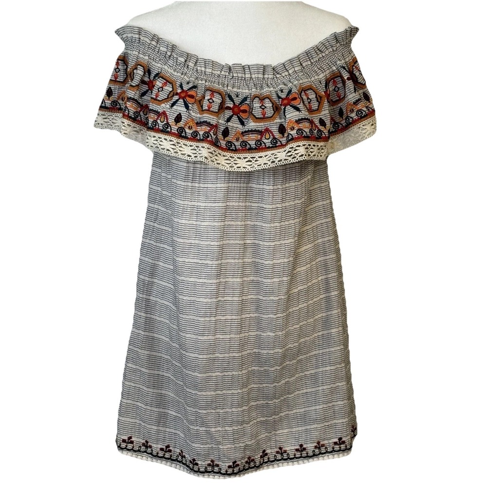 THML Cotton Linen Blend Embroidered On Off Shoulder Crochet Lace Med‎ Mini Dress